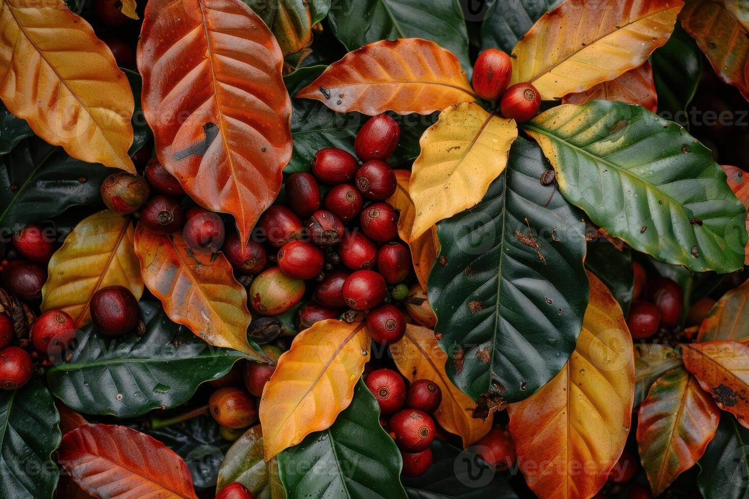 Coffee beans growing on branch amongst colorful leaves photo