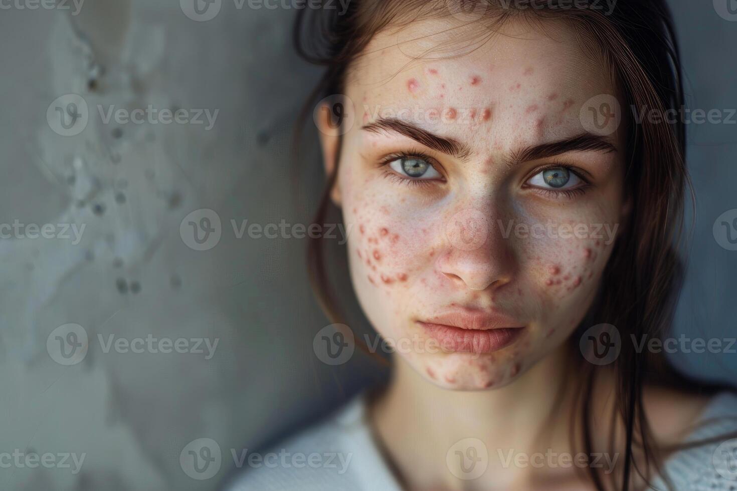 Closeup portrait of a young female with acne looking at the camera photo