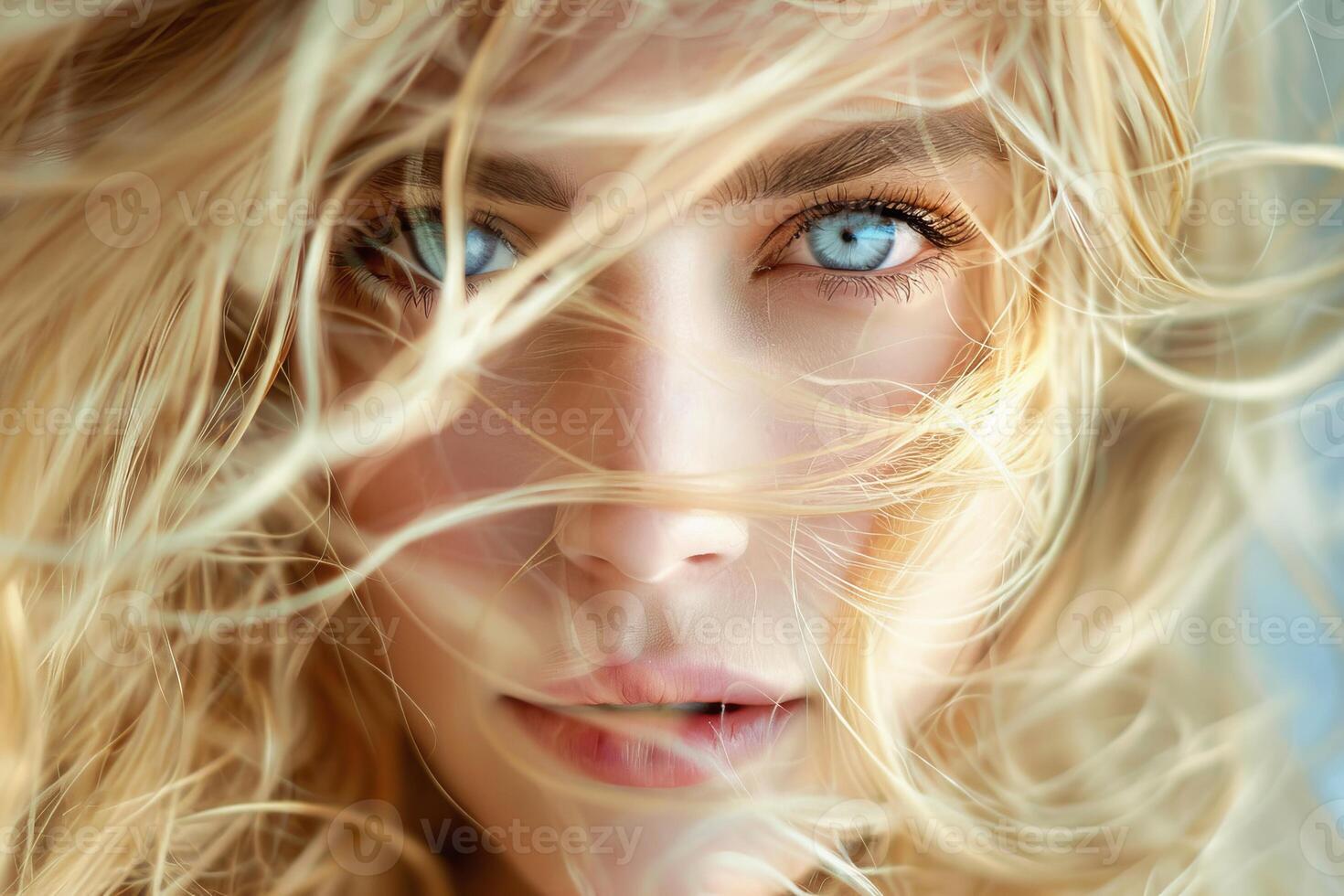 Beautiful blonde woman with long hair flowing in the wind is posing for beauty portrait photo