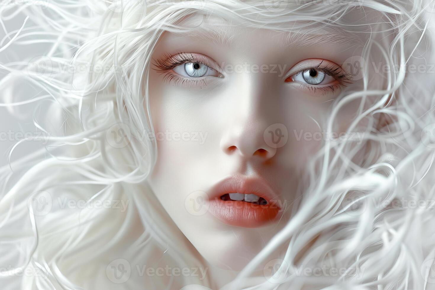 Beautiful albino model with white hair is posing for a fashion photoshoot photo