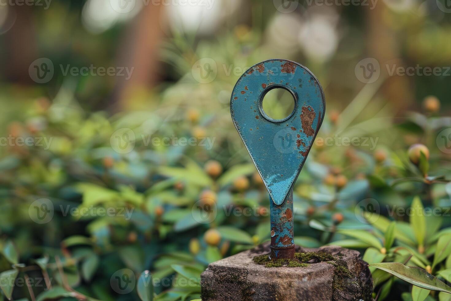 Rusty blue location pin pointing standing in nature photo
