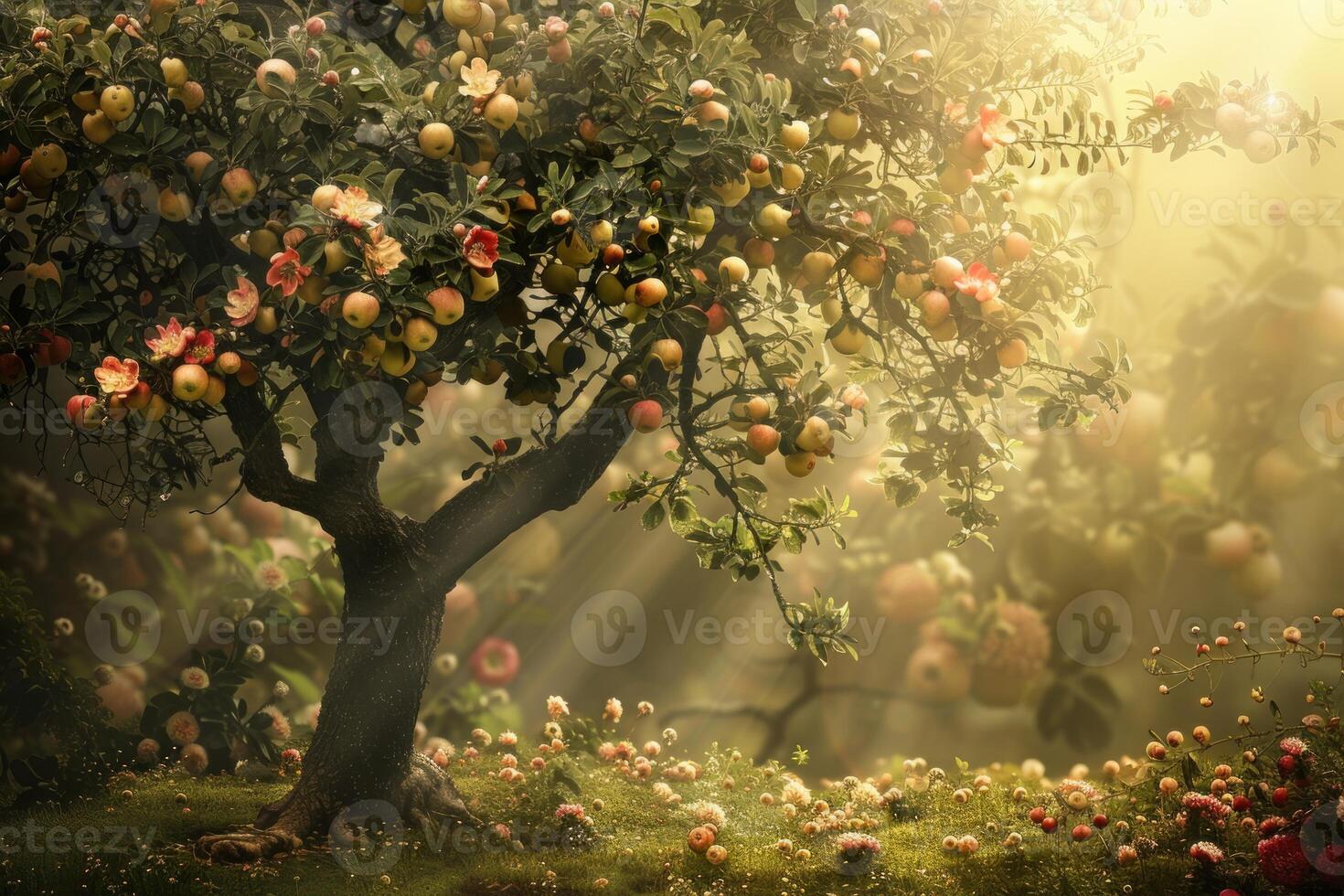 Apple tree standing in orchard with sunlight shining through branches photo