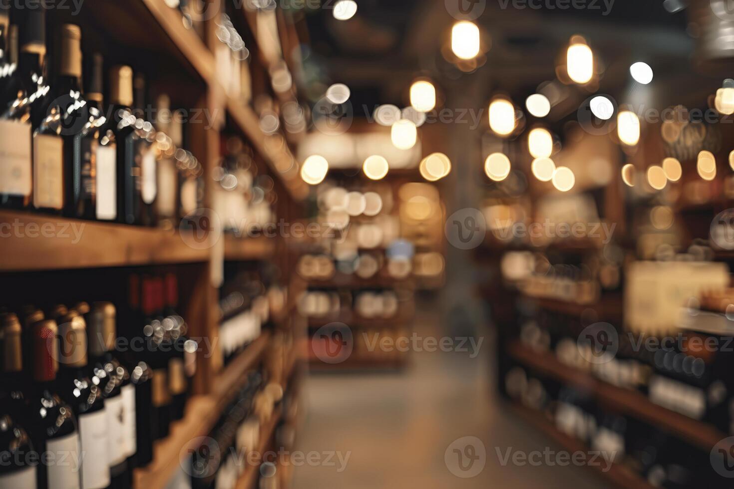 Wine bottles resting on wooden shelves in blurred wine shop photo