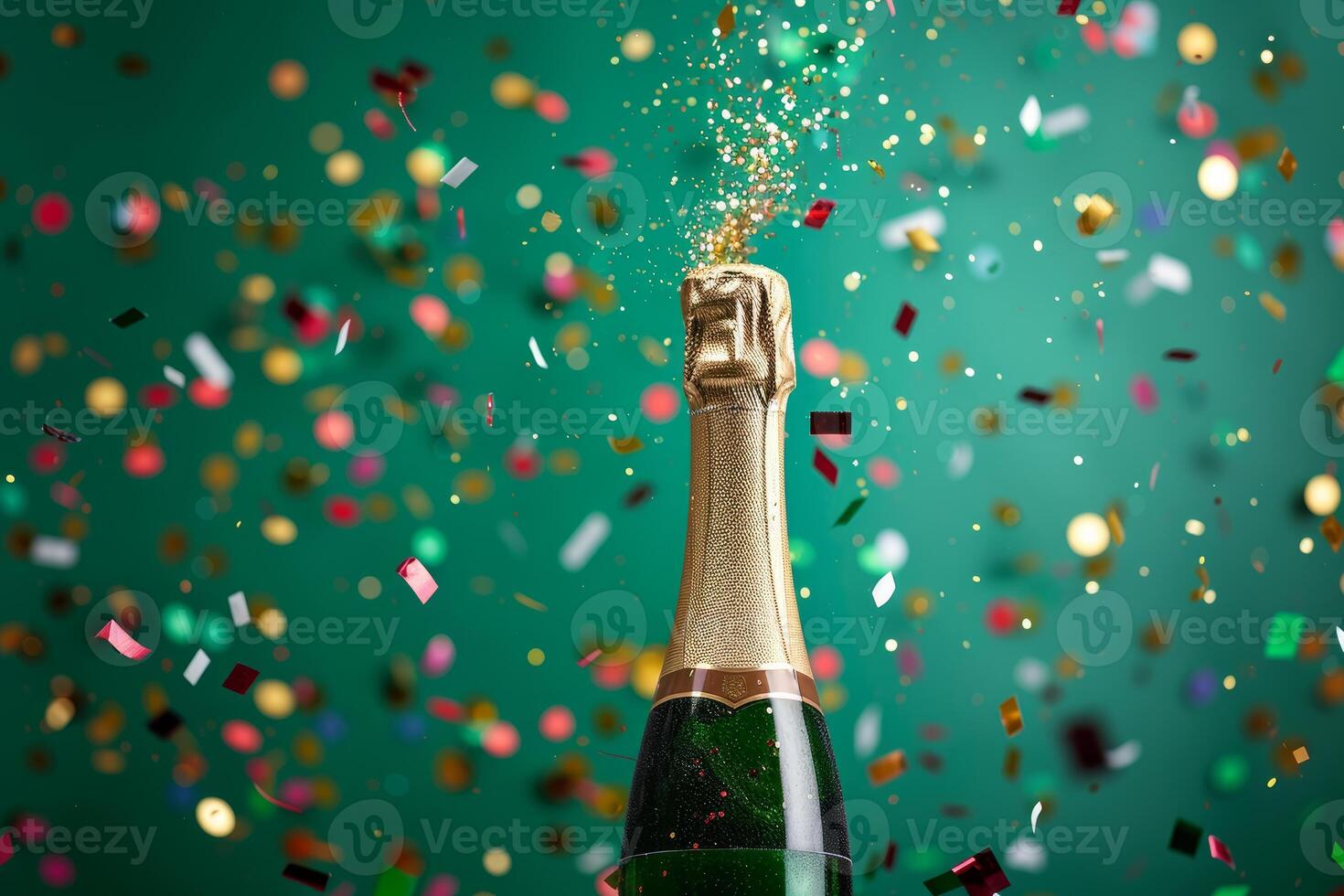 Champagne bottle popping with confetti exploding on green background photo