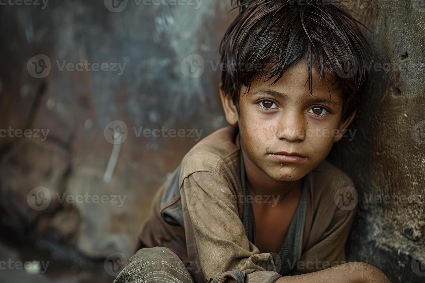 Young refugee boy sitting and looking sad and desperate in a refugee camp photo