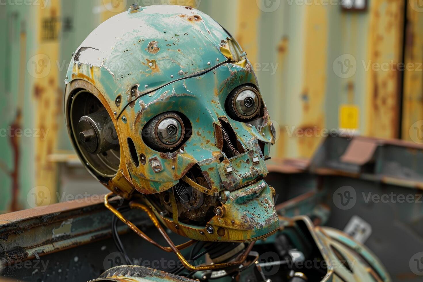 Old decaying robot head with exposed wires photo