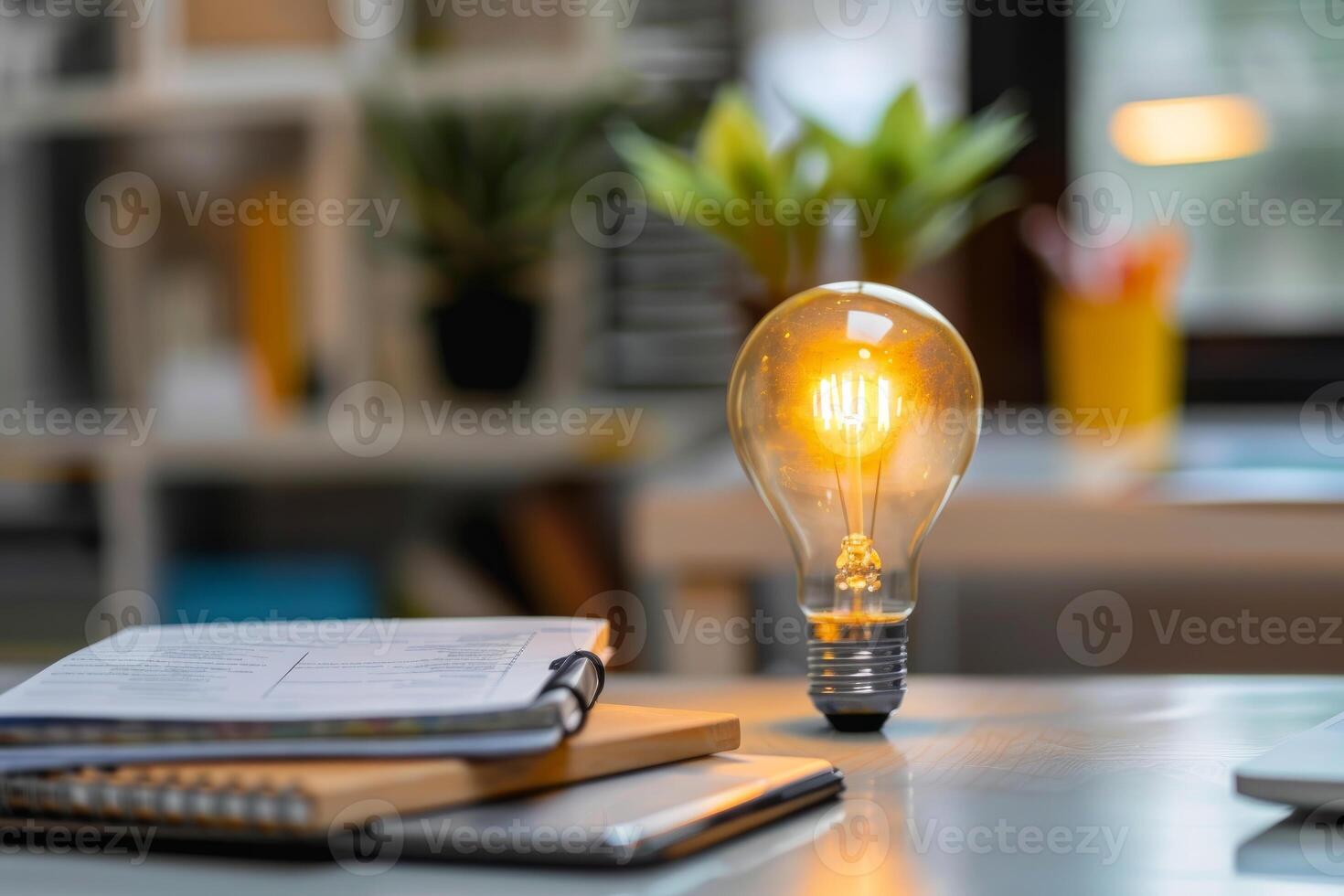 Light bulb shining on desk inspiring new ideas for project photo