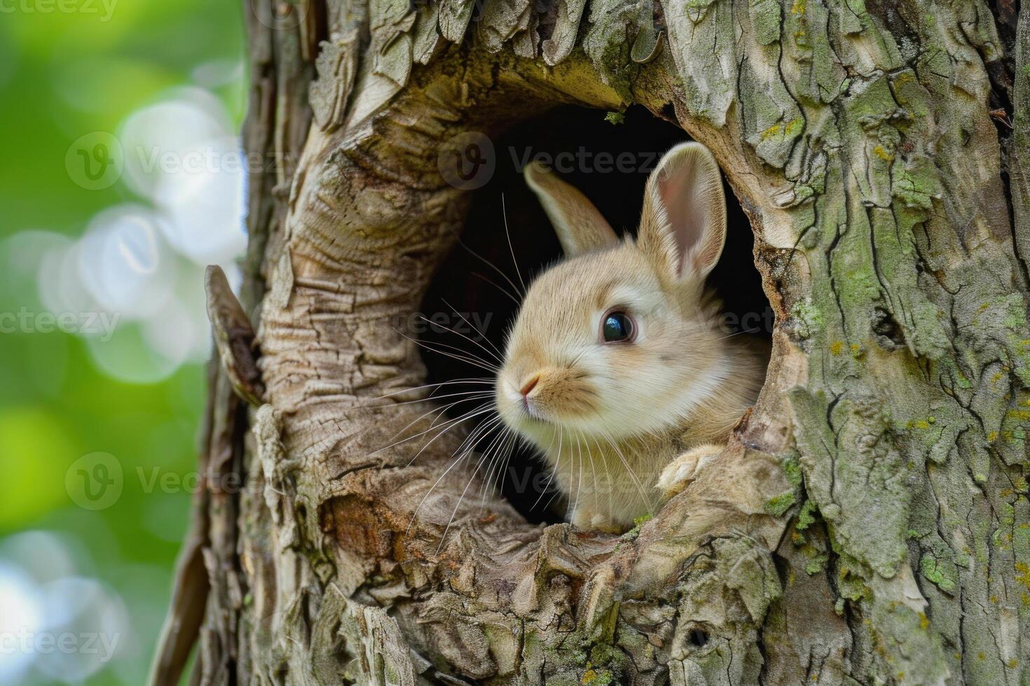 Cute baby bunny rabbit relaxing in a tree hole photo
