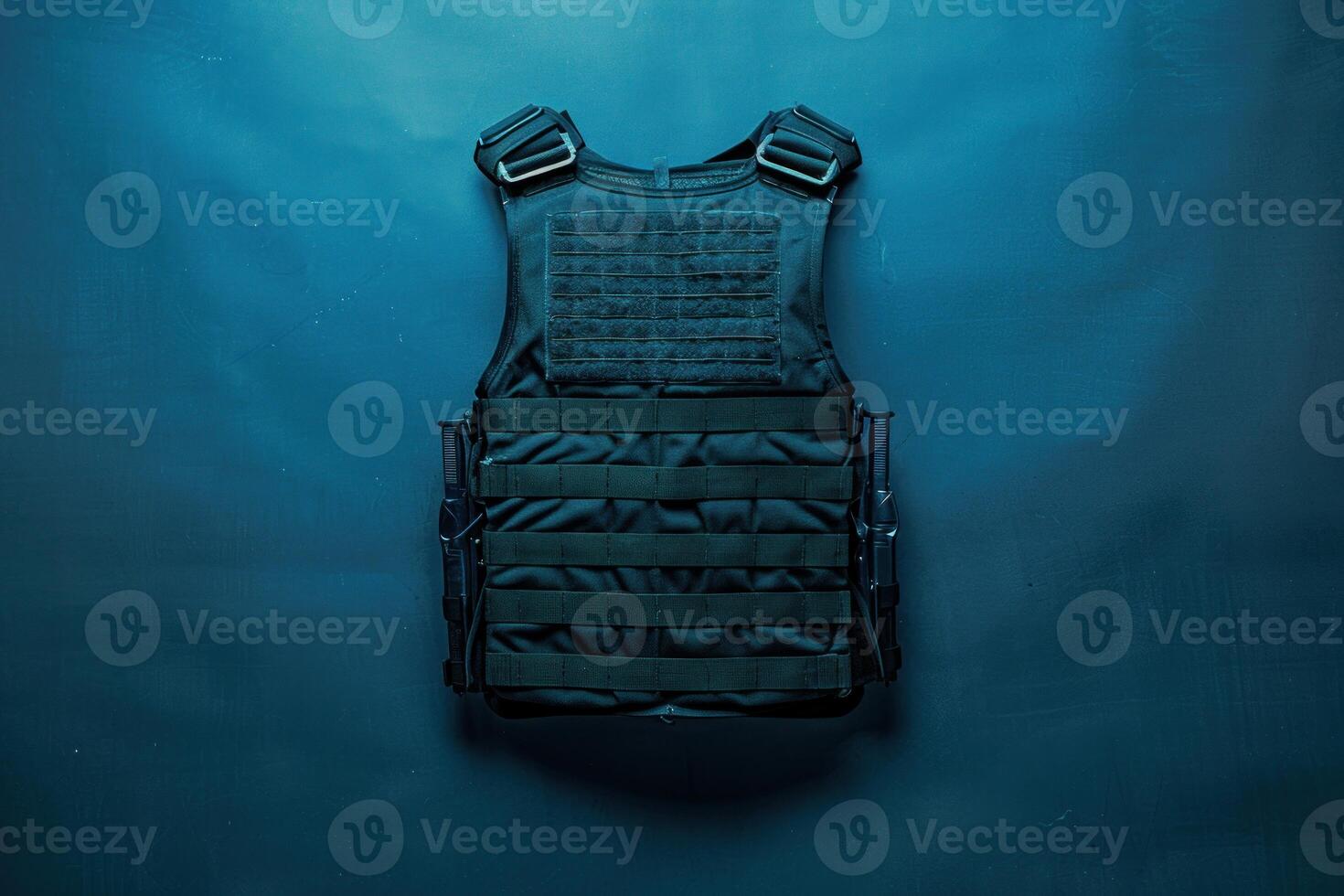 Military bulletproof vest with pouches lying on table in blue light photo