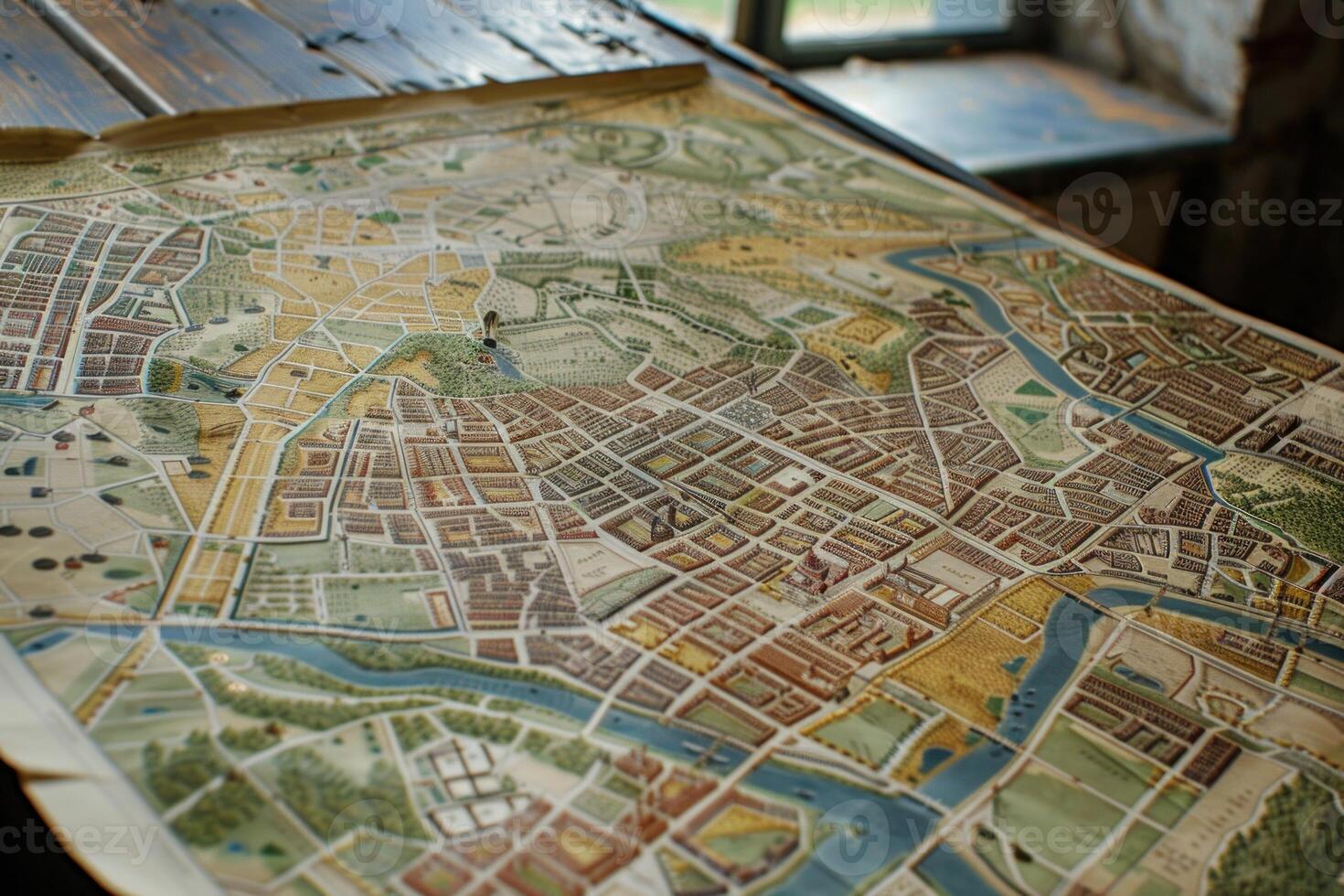 Old map showing city design with river flowing through photo