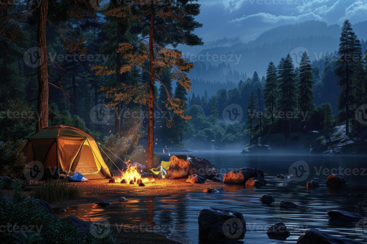Campfire burning near tent and lake in forest at night photo