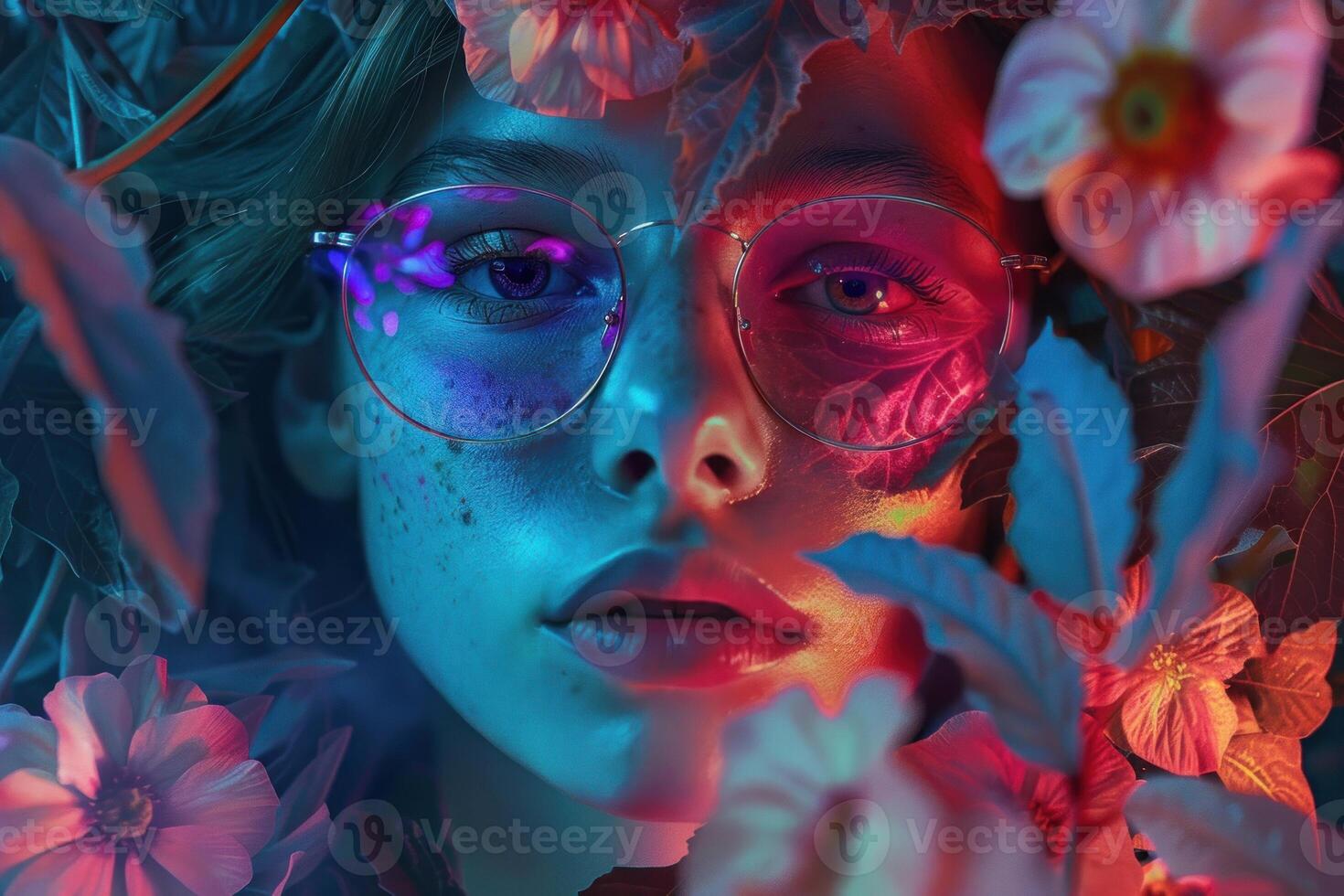 Beautiful young woman posing with flowers and neon lights reflecting in her glasses photo