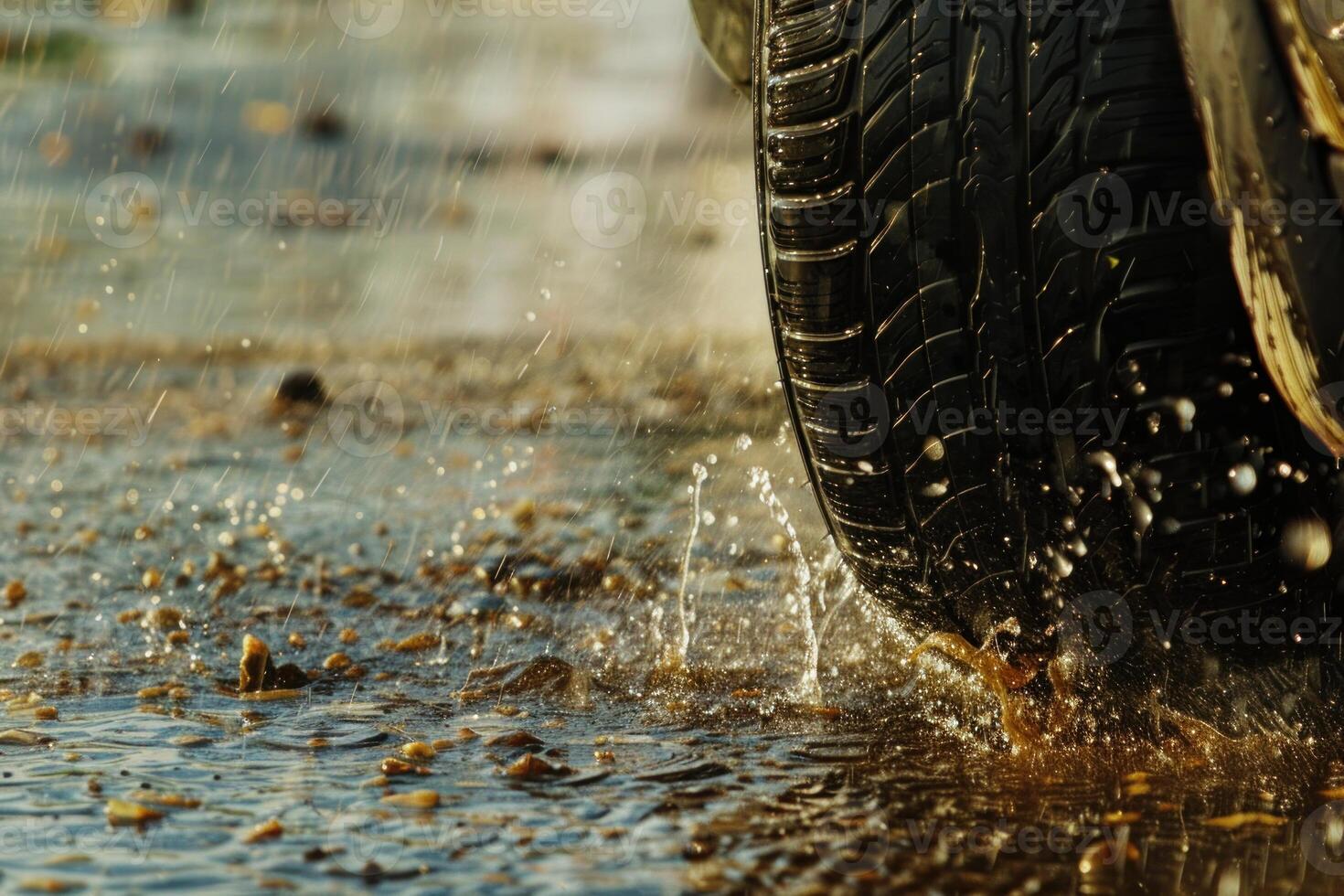 Car tire is driving through a puddle on a rainy day photo