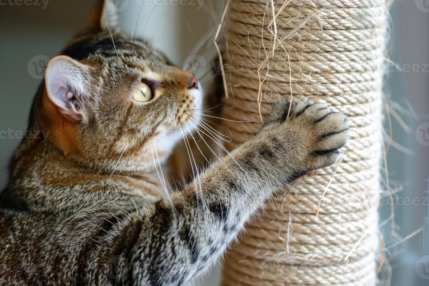 Tabby cat sharpening claws on scratching post photo