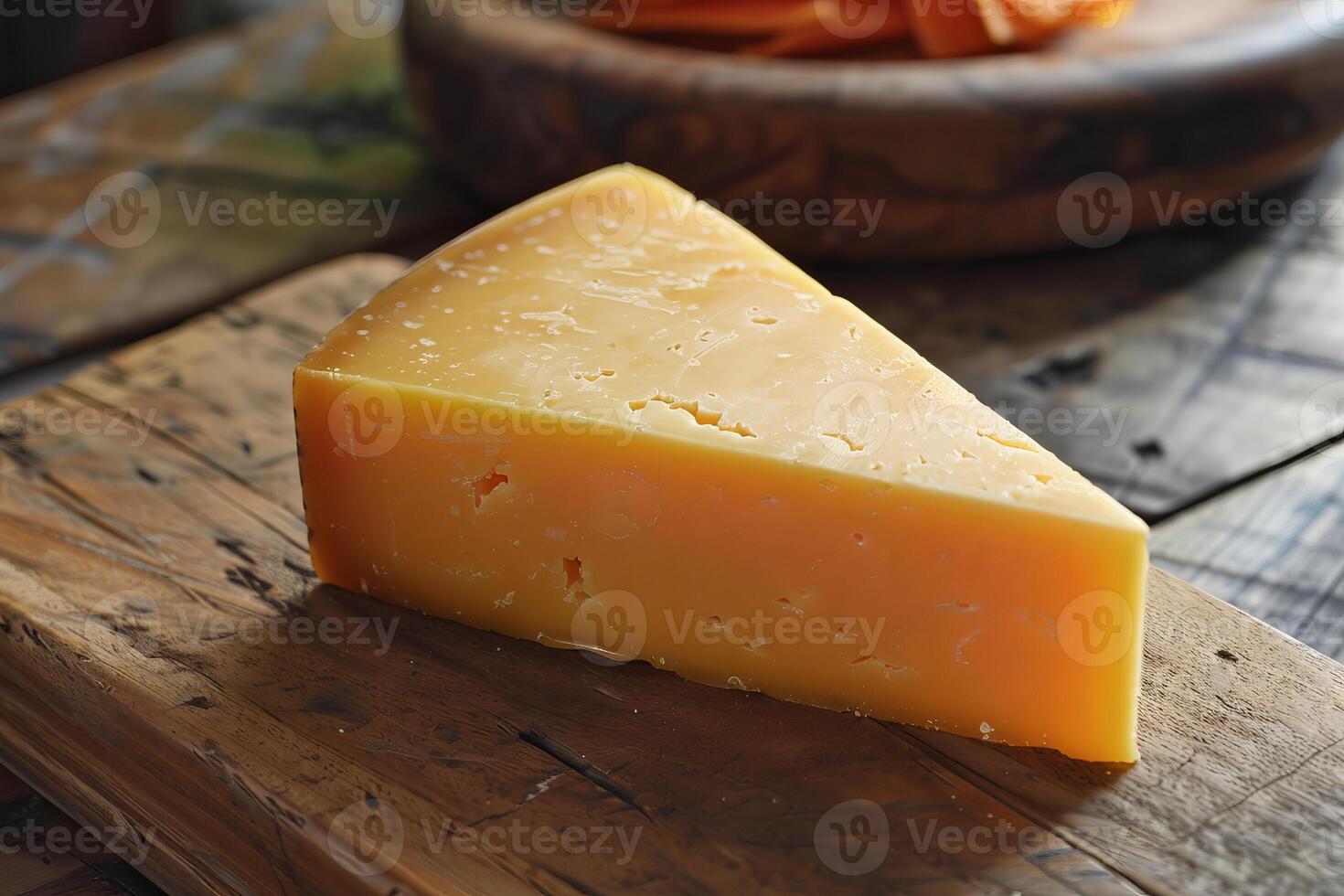 Large triangular piece of cheese sitting on rustic wooden cutting board photo