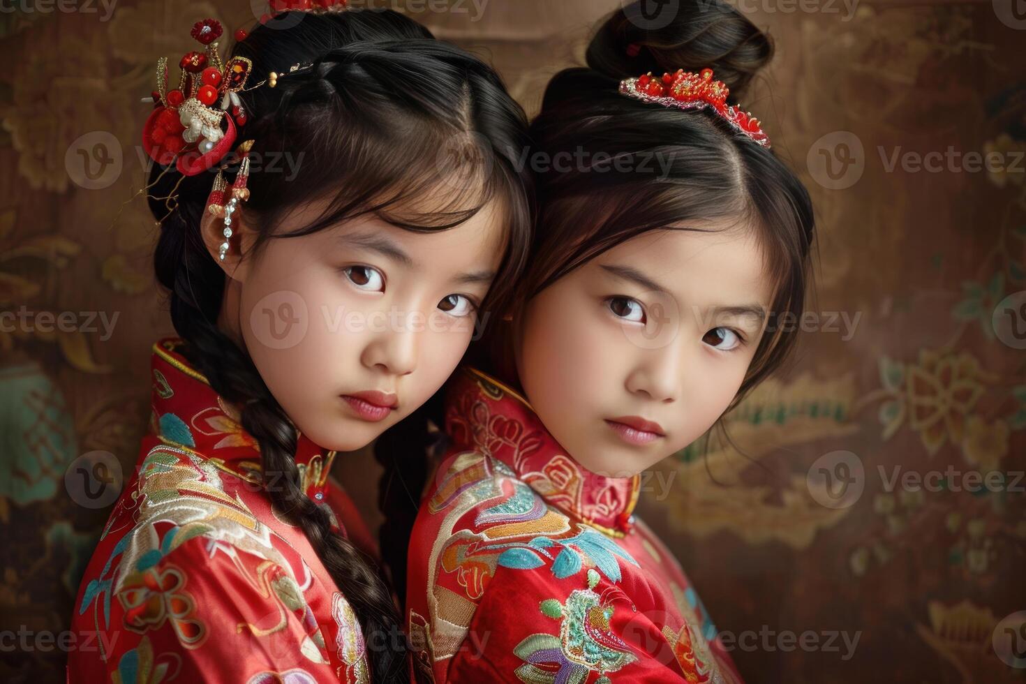Two young girls wearing traditional chinese clothing posing for lunar new year photo