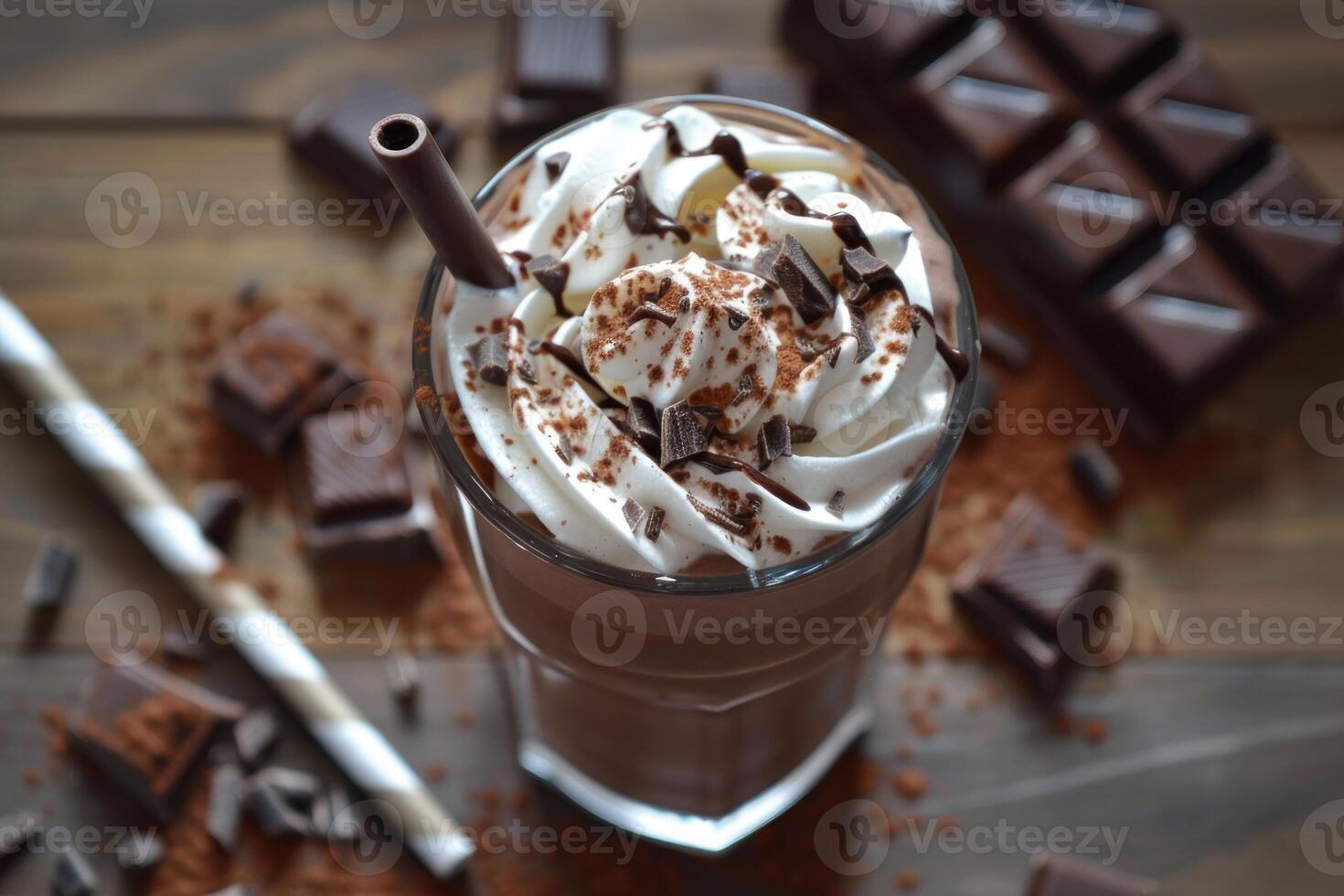 Chocolate milkshake decorated with whipped cream and chocolate on wooden table photo