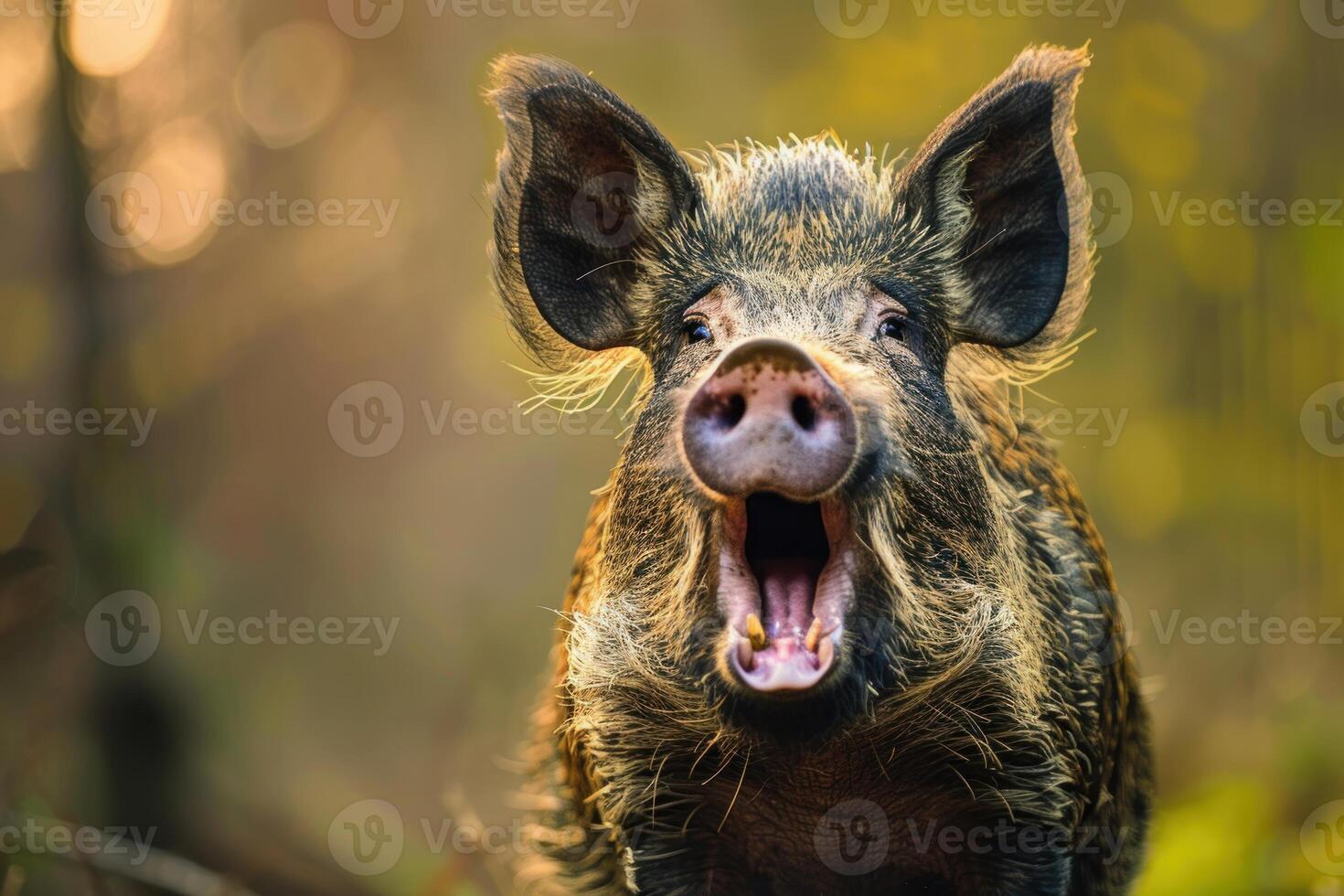Wild boar squealing in autumn forest habitat photo