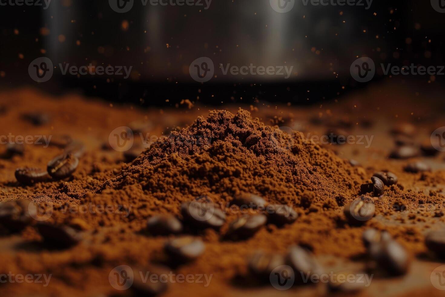 Coffee grinder grinding coffee beans into a pile of fresh ground coffee photo