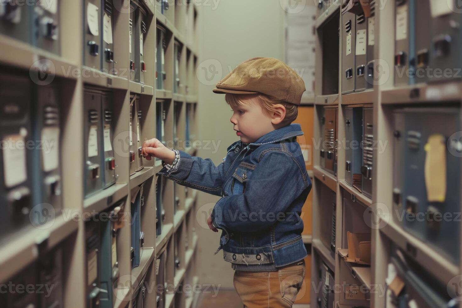 Curious child exploring library archive photo