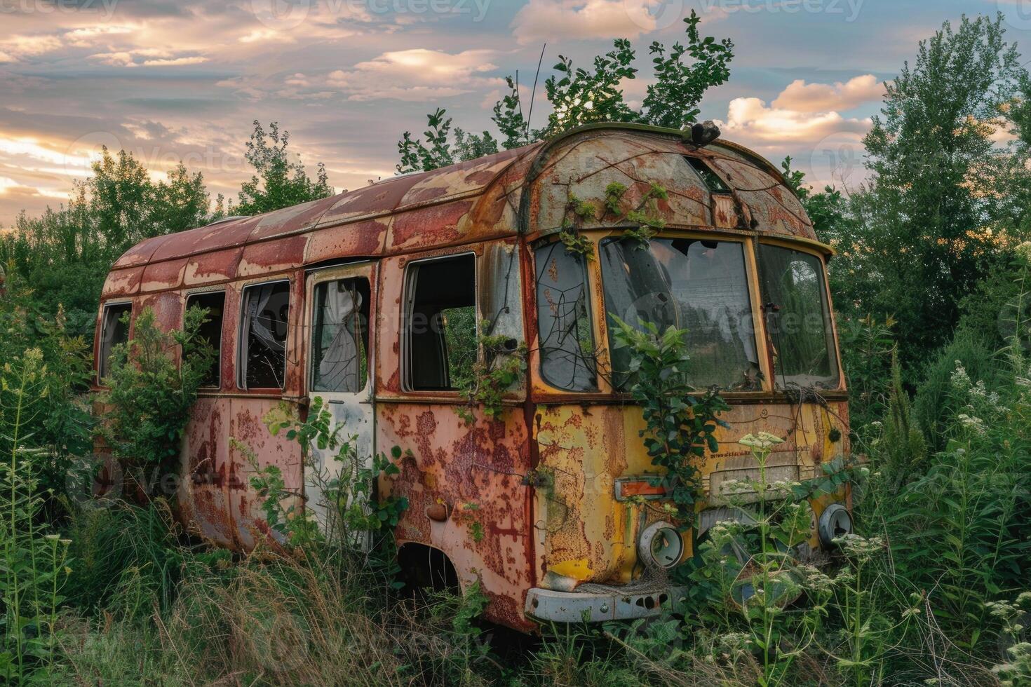 Abandoned bus overgrown with vegetation in nature photo