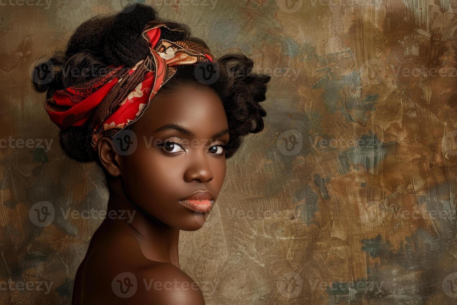 Elegant portrait of a woman with a colorful headscarf on a textured background photo