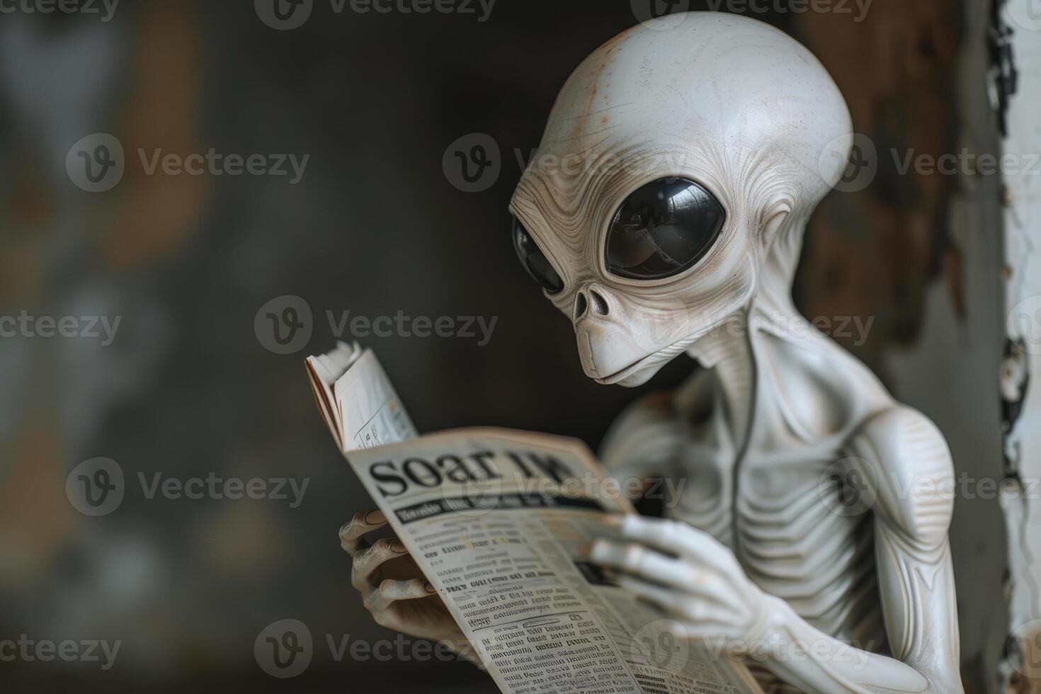 Alien figure reading a newspaper photo