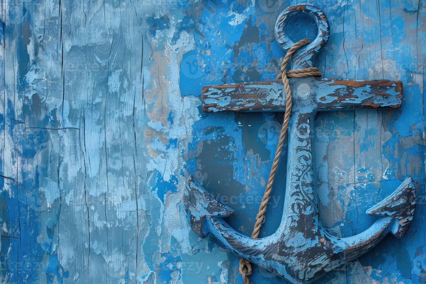 Vintage blue wooden anchor on weathered blue background photo