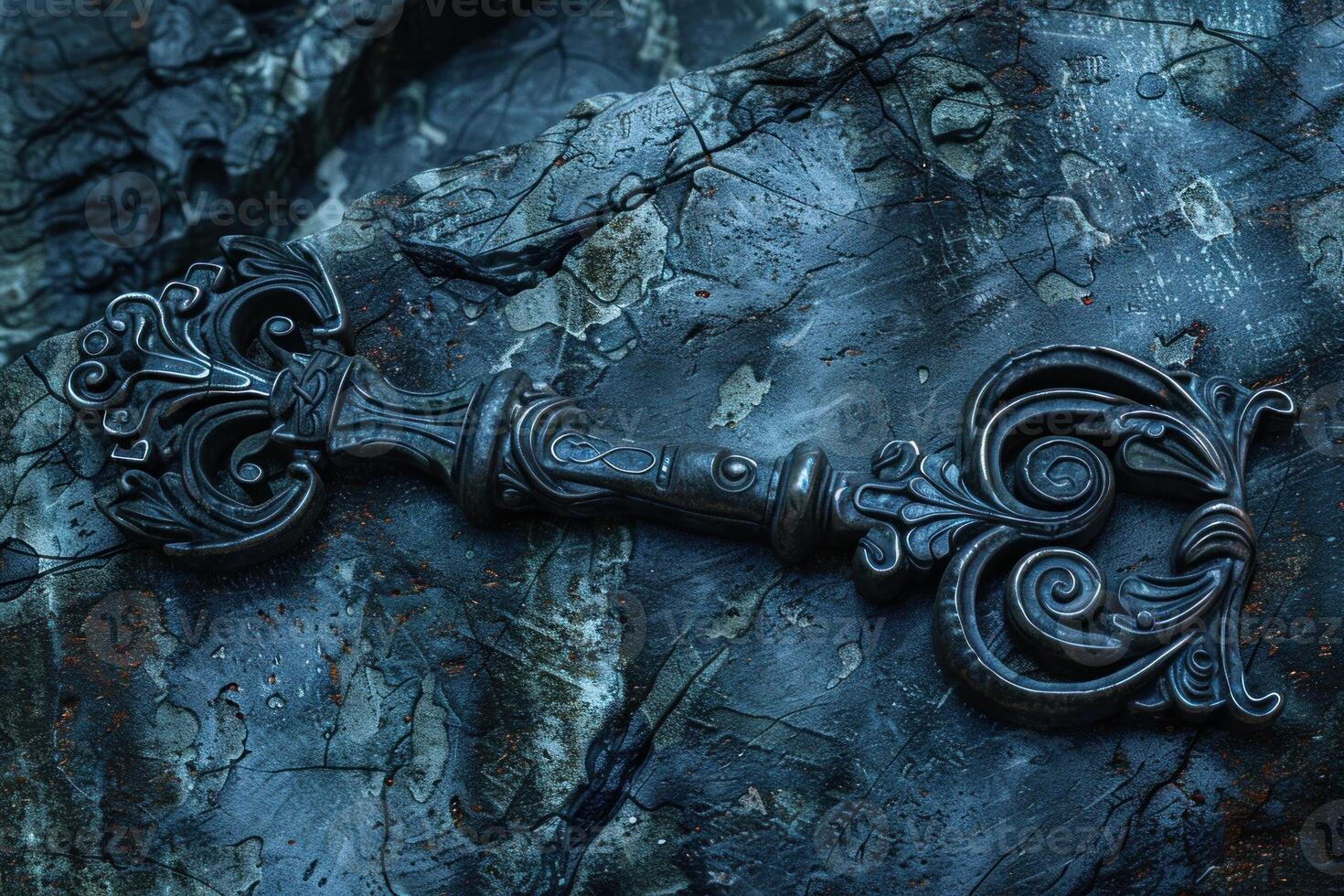 Antique key on weathered stone surface photo