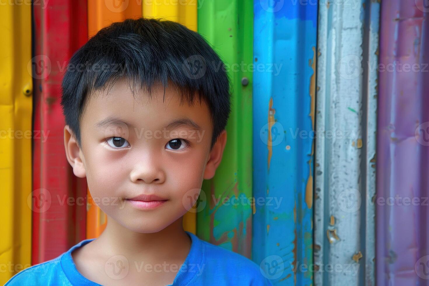 Portrait of a young boy in blue with a vibrant, multicolored background photo
