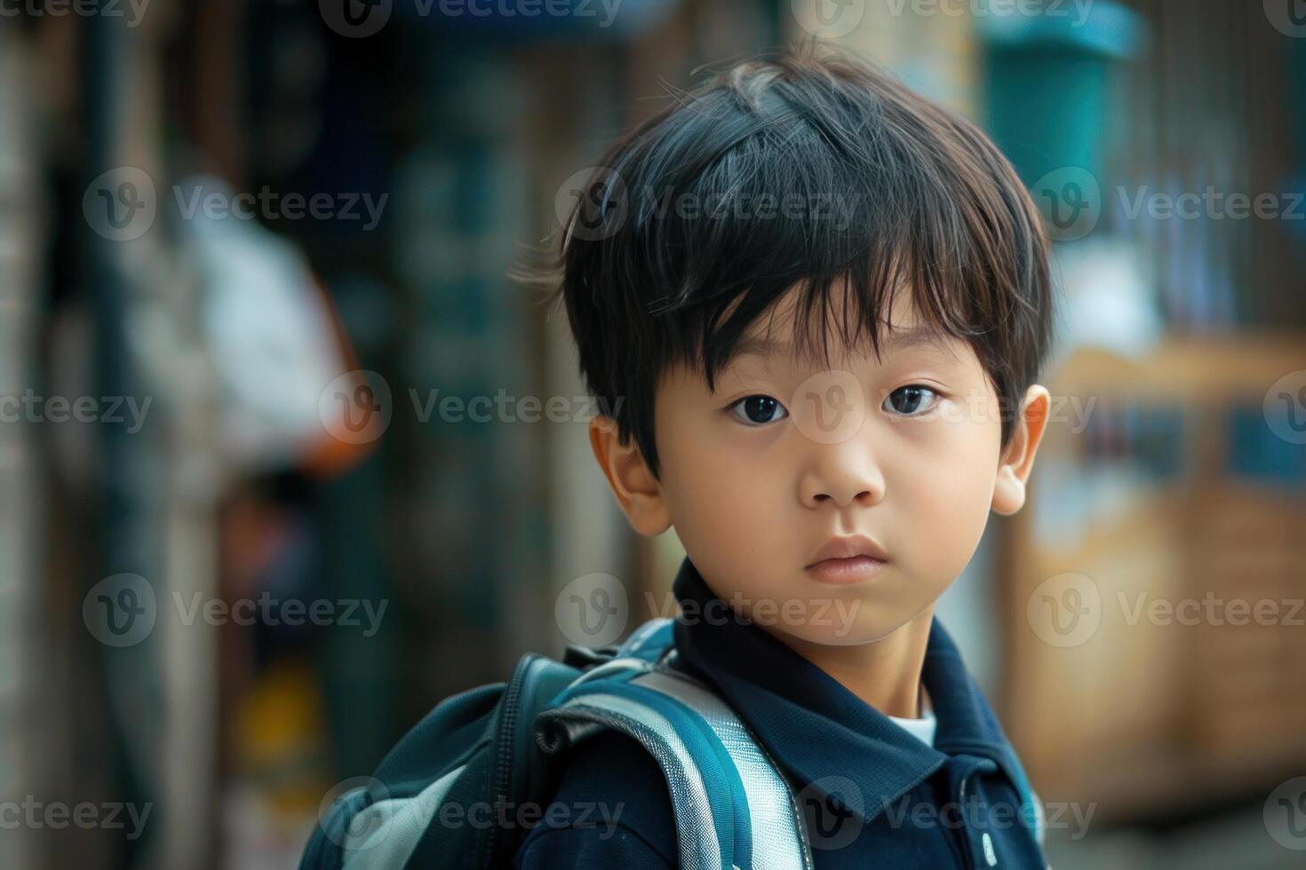 Young boy with backpack ready for school photo