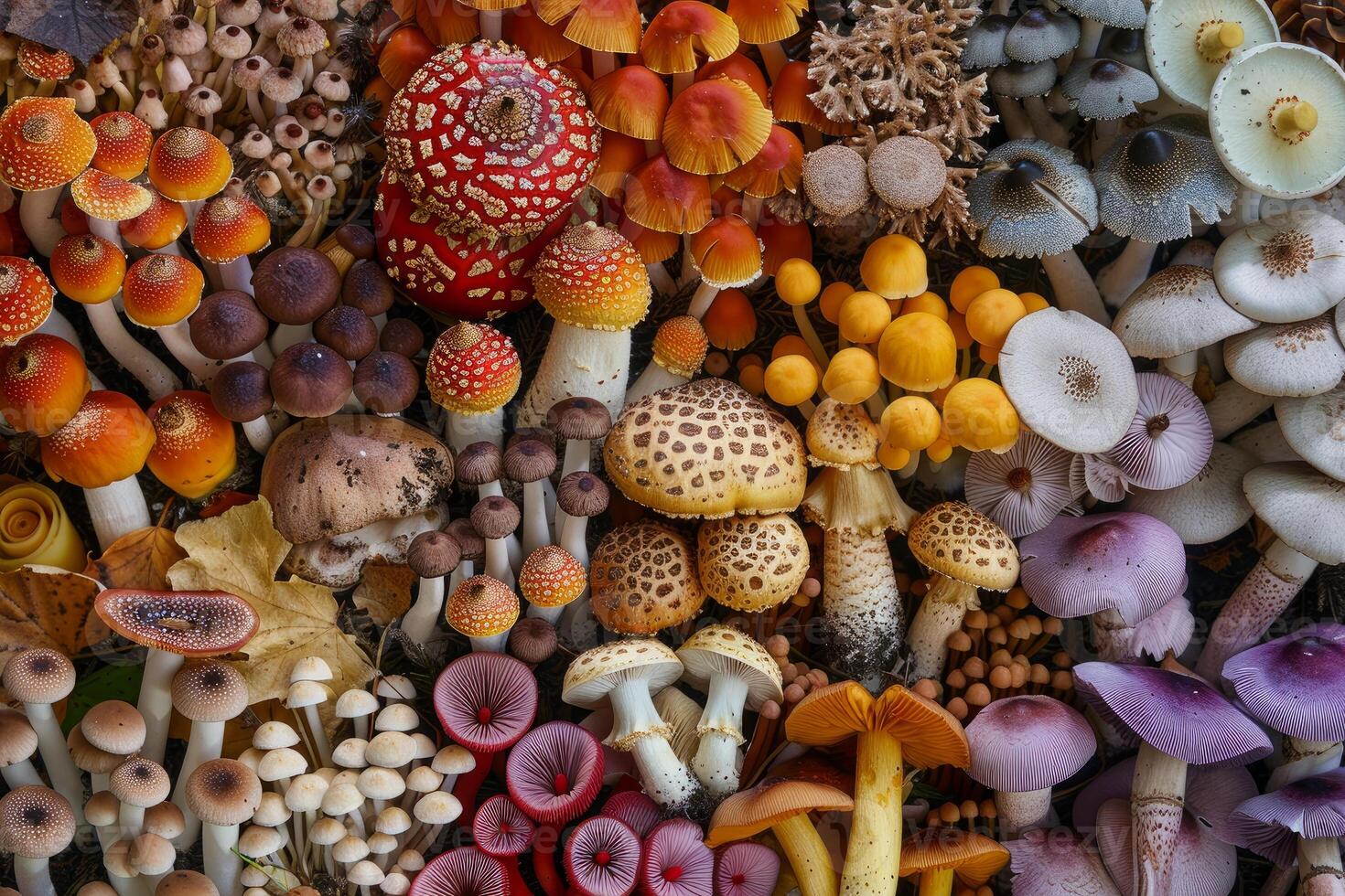 Vibrant display of various mushrooms, showcasing an array of colors and patterns photo