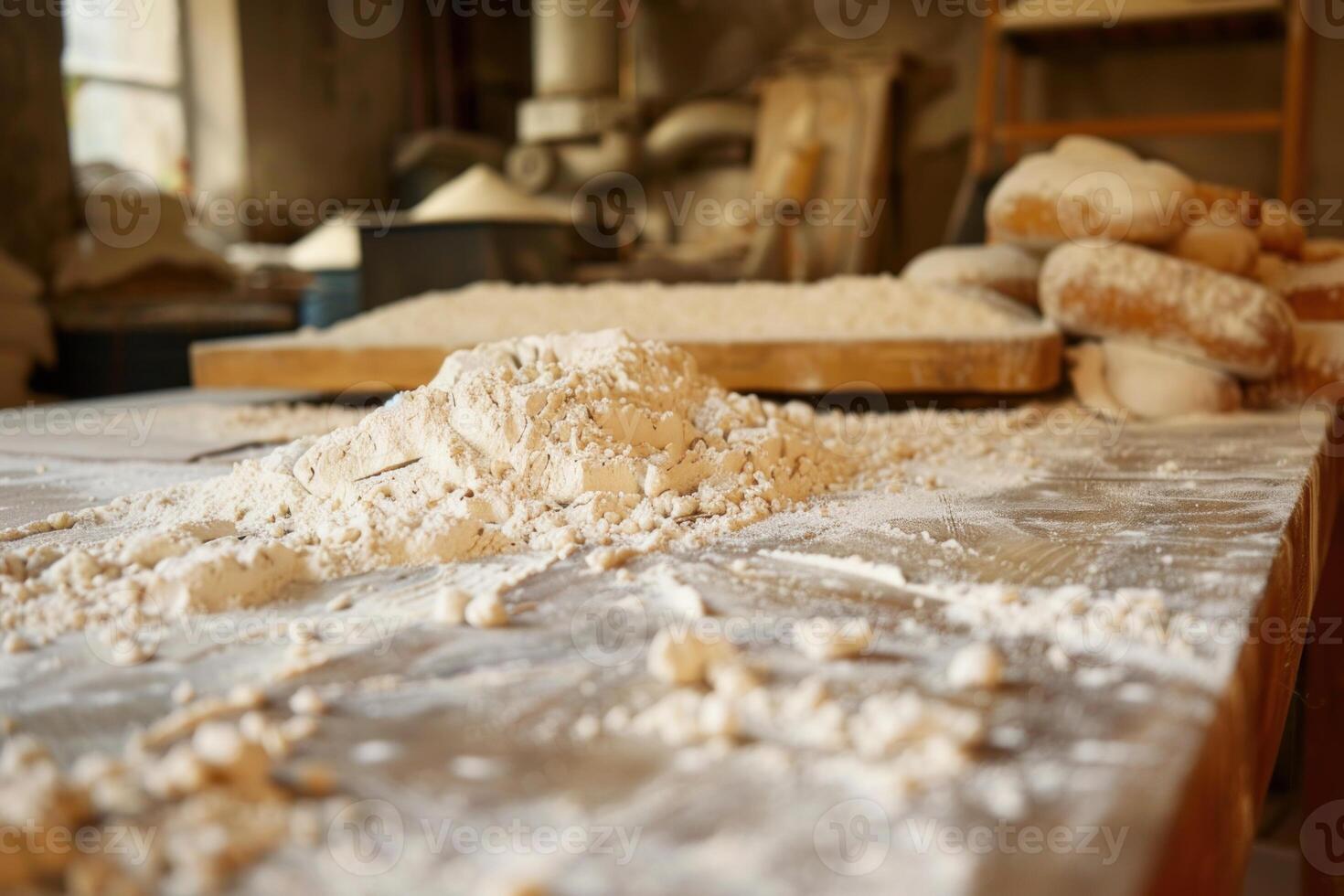 Flour dusting wooden table in bakery photo