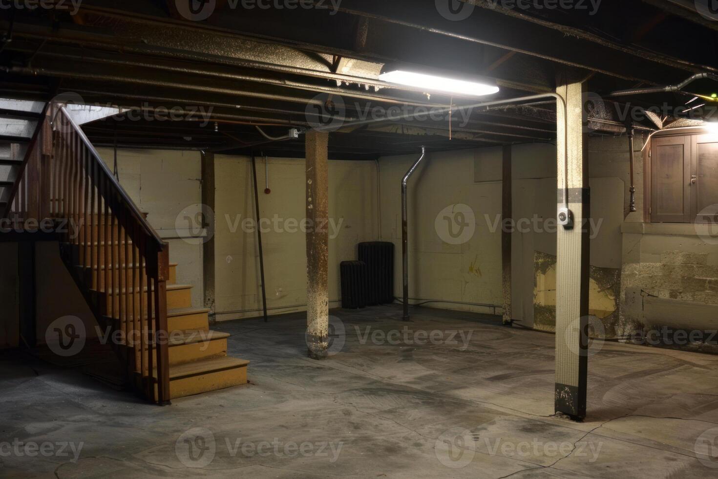 Unfinished basement interior with staircase photo