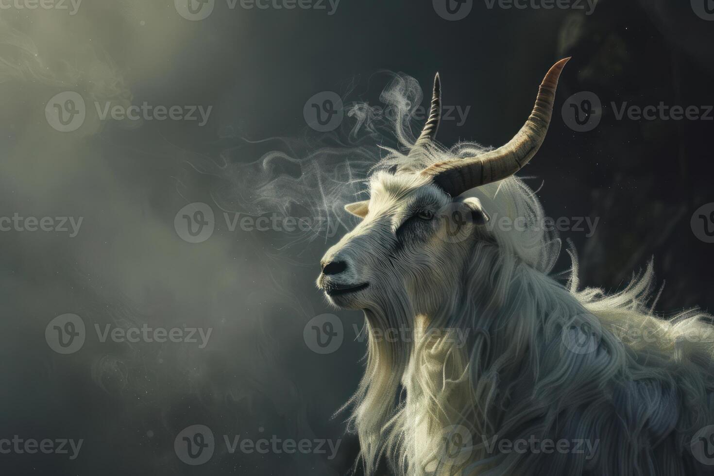 Mystical mountain goat in misty landscape photo