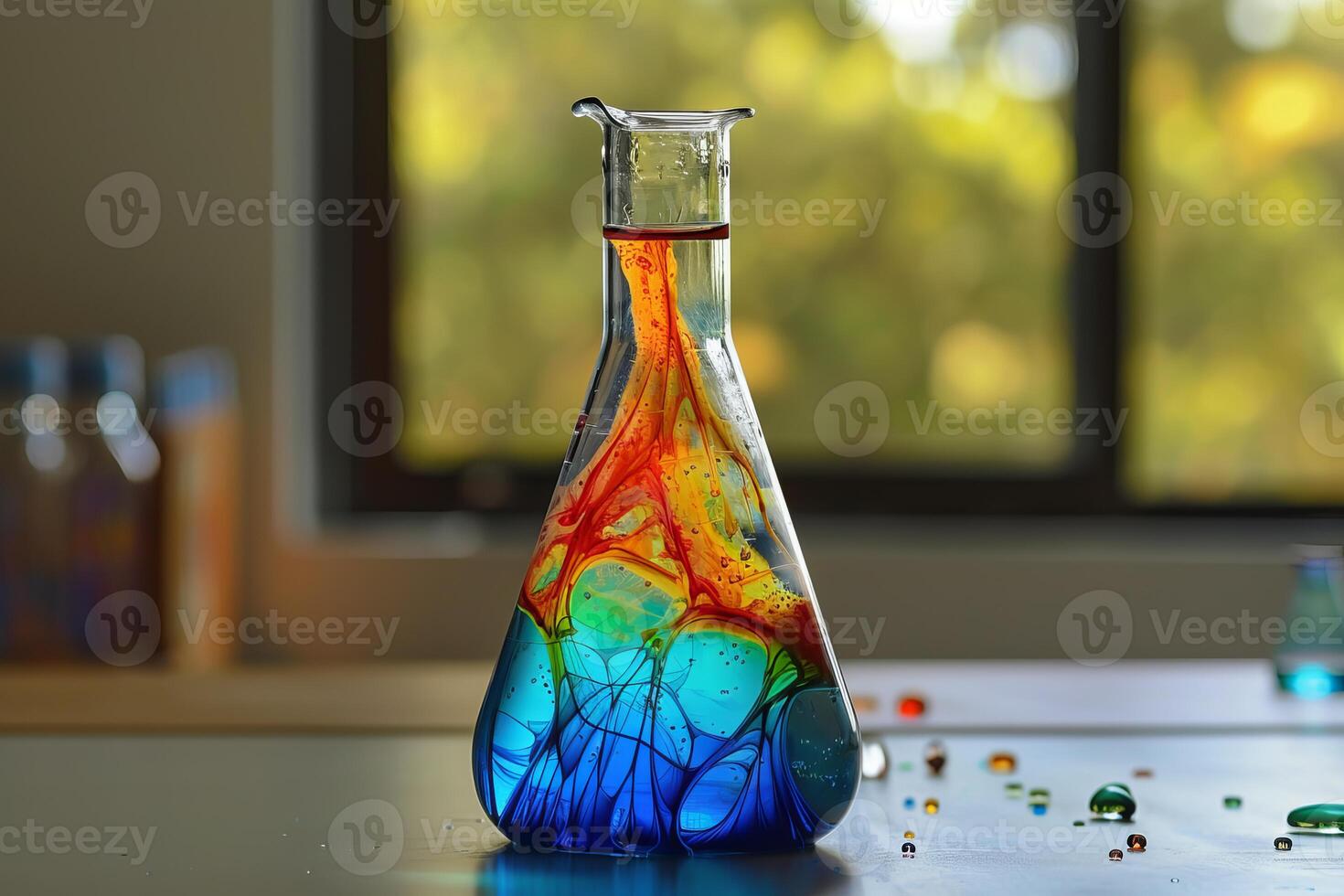 Colorful liquid art in glass flask on desk photo