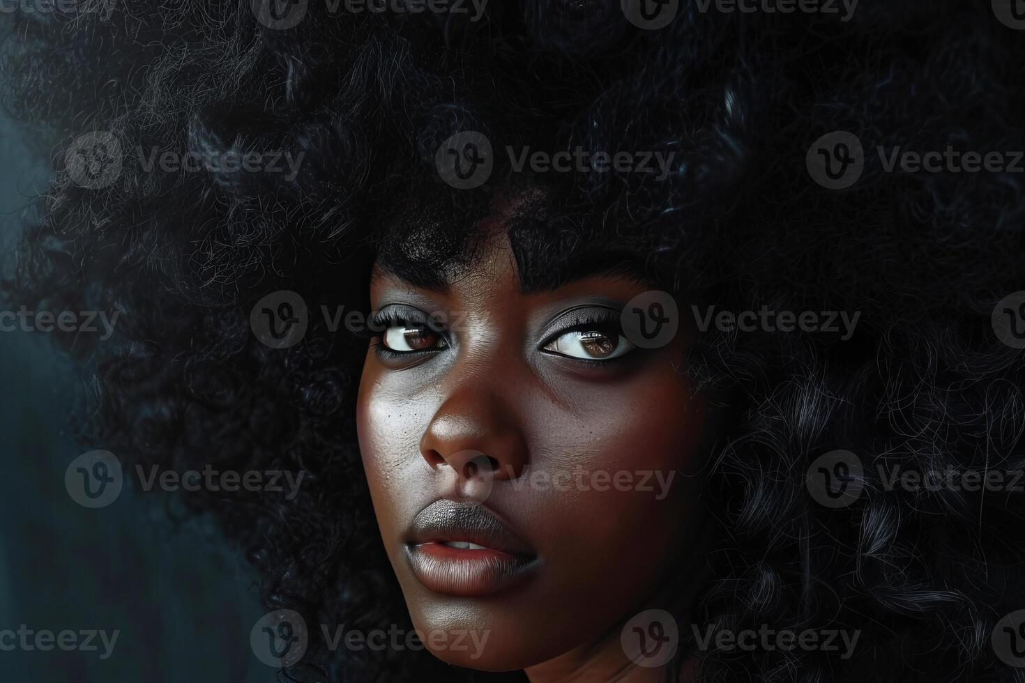Beautiful black woman with afro hairstyle posing on dark background photo