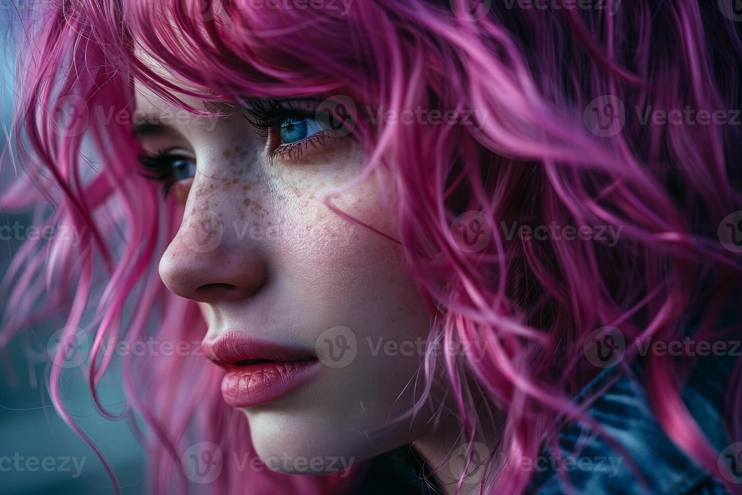 Young woman with freckles and pink hair posing with serious expression photo