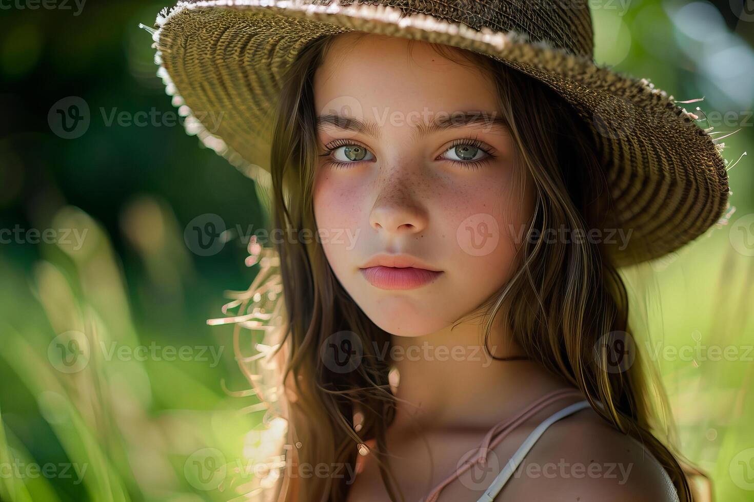 Beautiful young girl wearing straw hat posing in a field with green grass photo