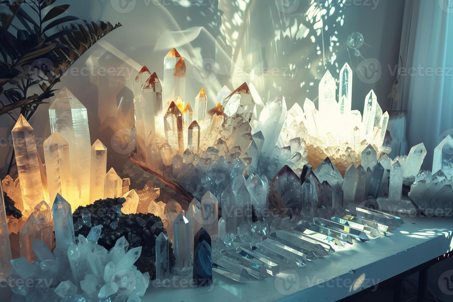 Crystal shop owner arranging display of large natural citrine and clear quartz crystals on table photo