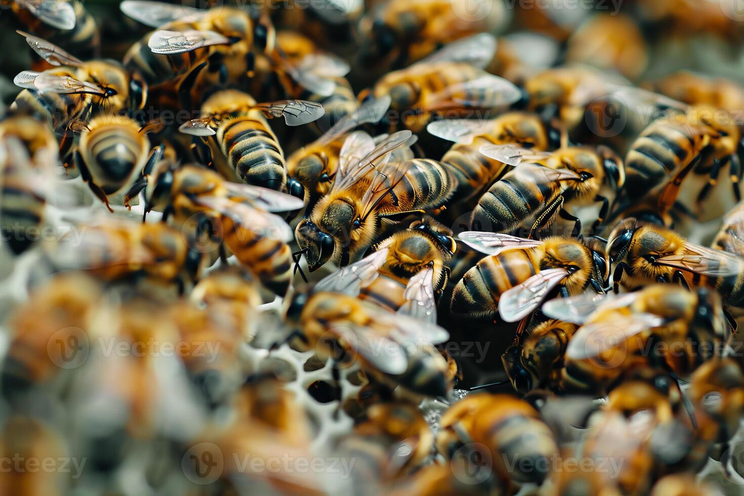 Swarm of honey bees making honeycomb in apiary photo