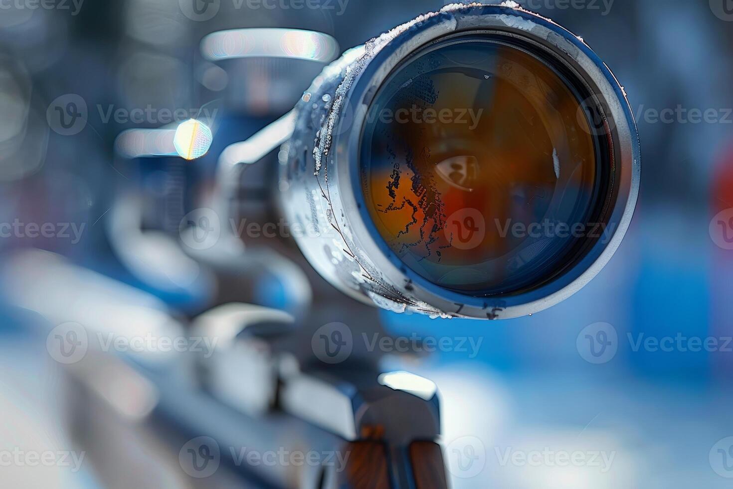 Professional optical sight with telephoto lens mounted on a rifle for shooting sports in winter photo