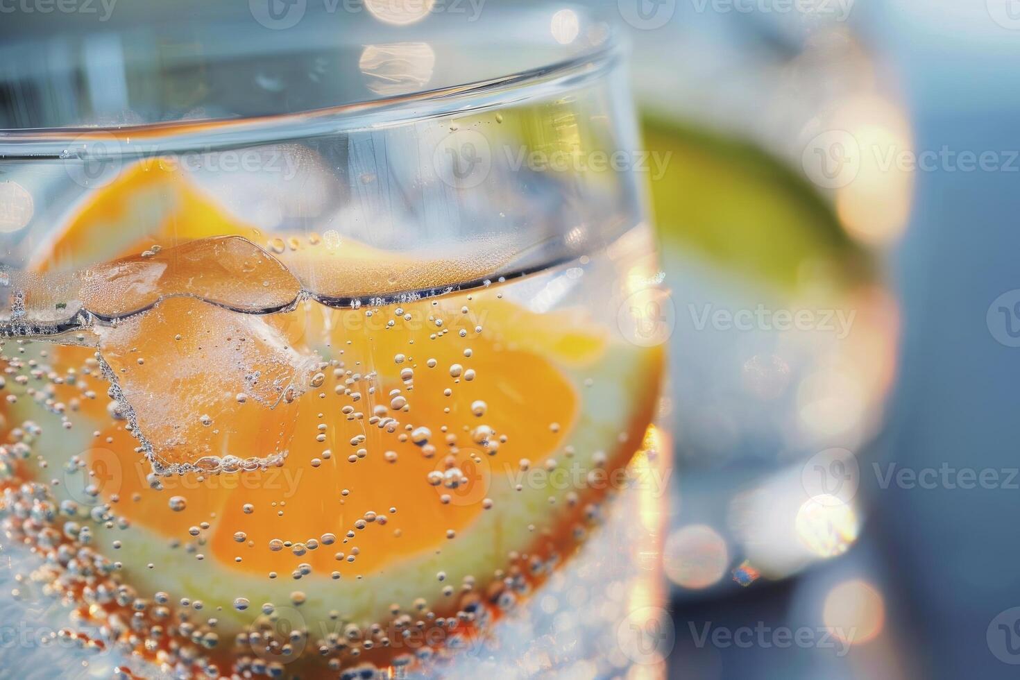 Refreshing orange cocktail with bubbles and ice cubes in a glass photo