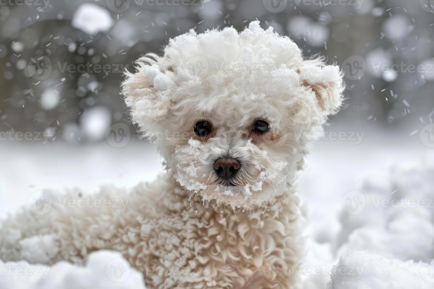 Small white dog covered in snow enjoying a snowfall photo