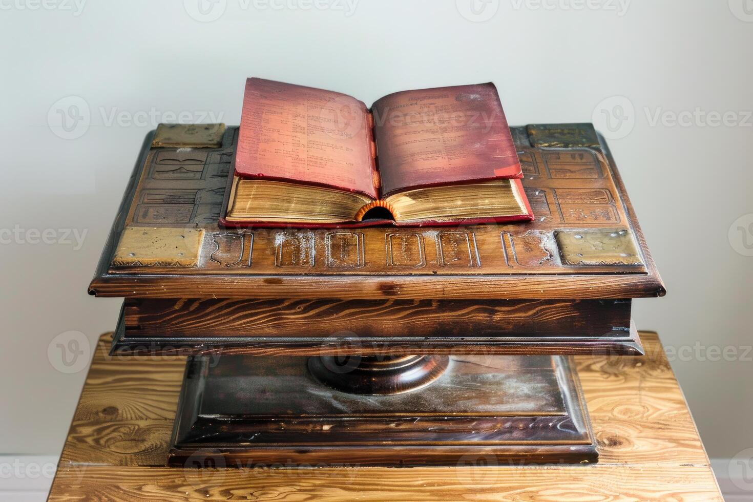 Open antique book with golden pages resting on a carved wooden table photo