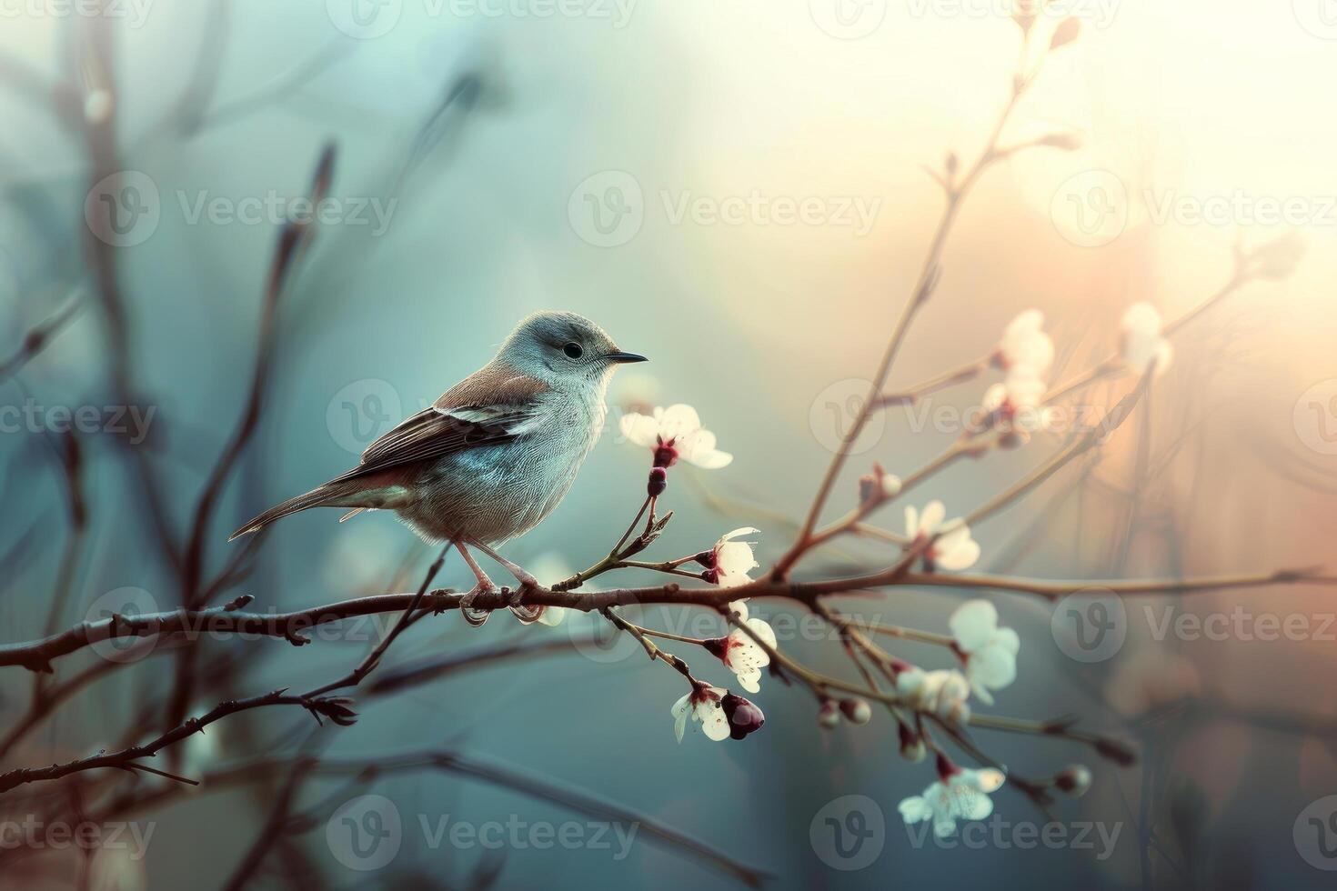 Small bird enjoys the peace and quiet of a sunrise in spring photo