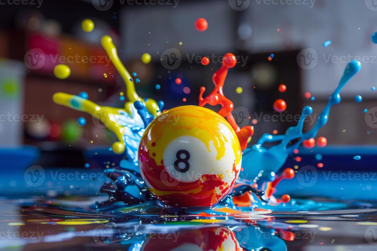 Eight ball splashing in colorful paint creating abstract design on pool table photo