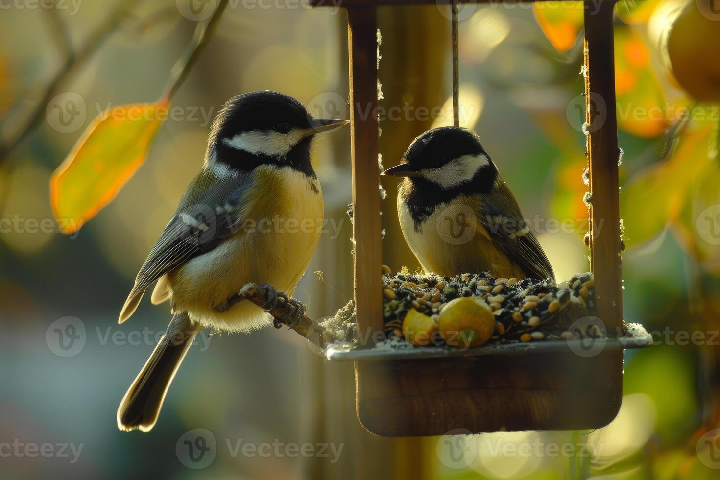 Two great tits perched on bird feeder enjoying seeds and apple photo