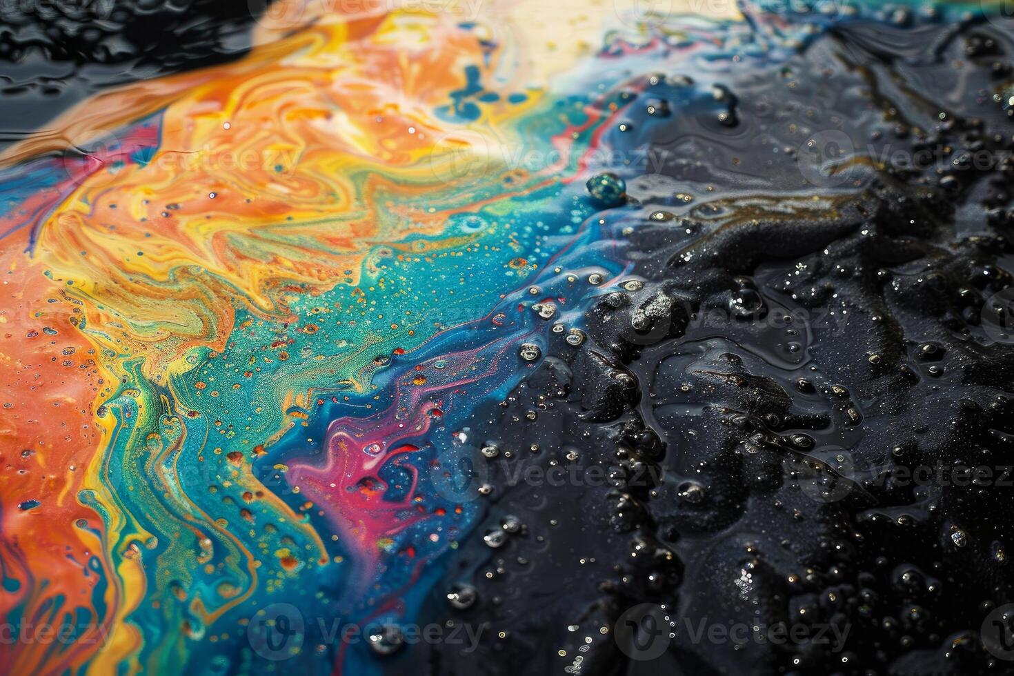 Colorful abstract acrylic painting spreading on dark water surface creating bubbles photo