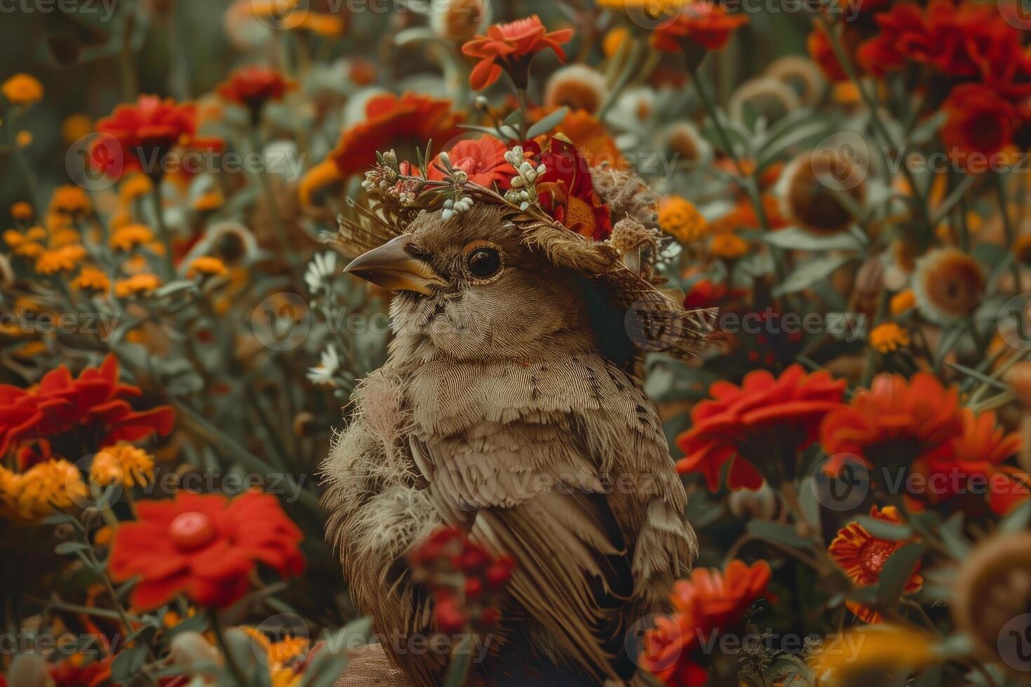 Sparrow bird wearing flower crown posing in a field of red and orange flowers photo